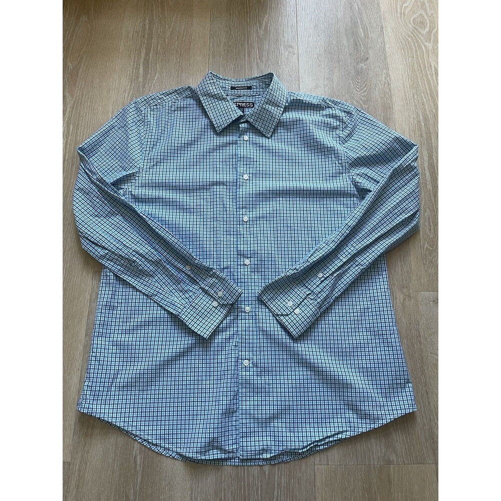 Express Mens Modern Fit Blue Plaid Sleeve Button Down Shirt XL